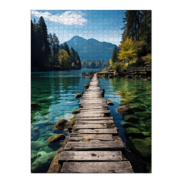 Puzzle Ravensburger "Holzsteg im Bergsee" artboxONE - Natur,Reise - Bergsee,Holzsteg,Alpensee,Waldsee,See in den alpen,Alpen,See,Weiher,Berge