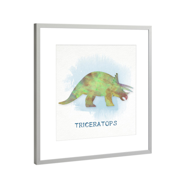 Poster mit Rahmen Silber "Der Triceratops" artboxONE - Typografie,Für Kinder,Tiere - Triceratops,Dinosaurier,Aquarell,Dino
