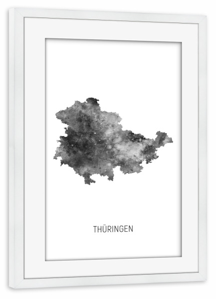 Poster mit Rahmen weiß "Thüringen Landeskarte BW" artboxONE - Schwarzweiß,Kartografie - Thüringen,Karte,Aquarell,Malerei,Landeskarte,Deutschland