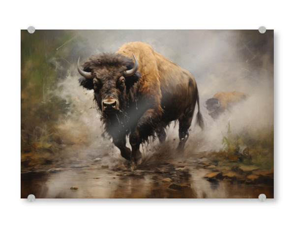 Acrylglasbild "Bison am Fluss" artboxONE - Natur,Tiere - Tier,Kunst,Bison,Büffel,Leinwand,Impressionistisch,Natur,öl,Gemälde,Vincent,Wildnis,Tierwelt