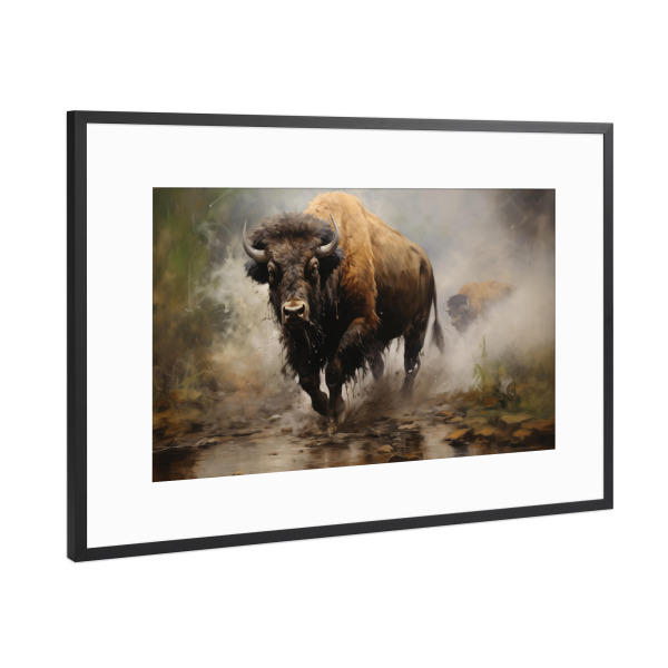 Poster mit Rahmen Schwarz (Metallic) "Bison am Fluss" artboxONE - Natur,Tiere