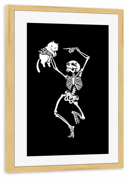 Poster mit Rahmen kiefer "Tanzendes Skelett mit einer Katze" artboxONE - Tiere,Halloween