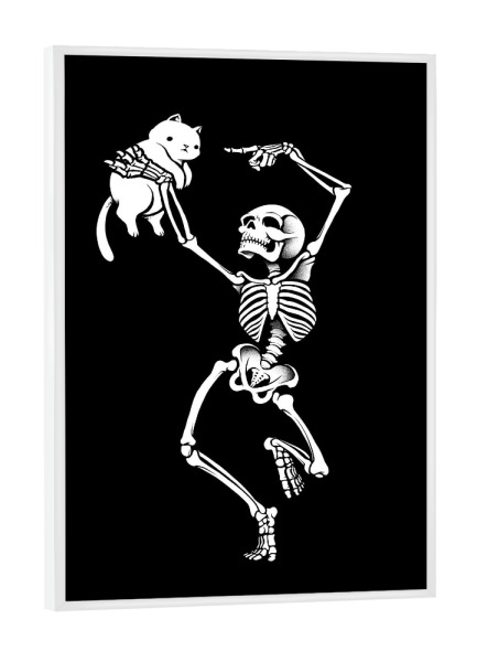 Poster mit weißem Rahmen "Tanzendes Skelett mit einer Katze" artboxONE - Tiere,Halloween