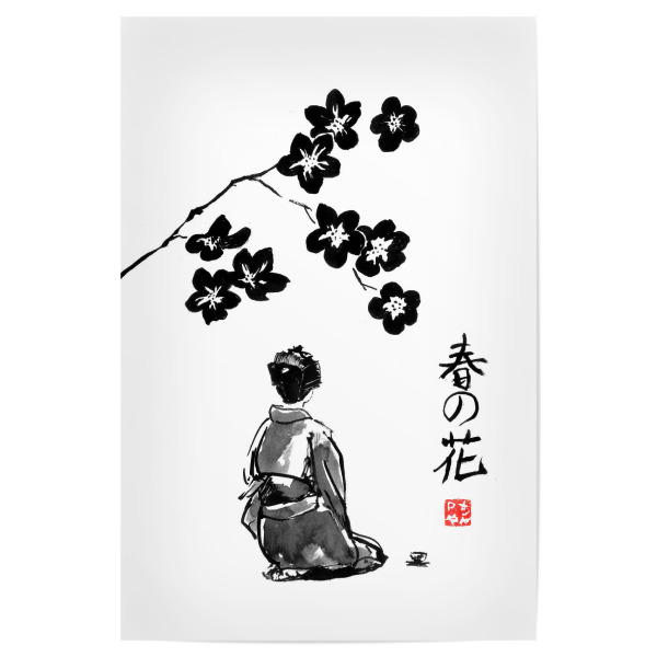 Poster "Frühlingsblumen-Kanji" artboxONE - Schwarzweiß,Reise / Asien - Blume,Frühling,Kanji,Sumie,Japan