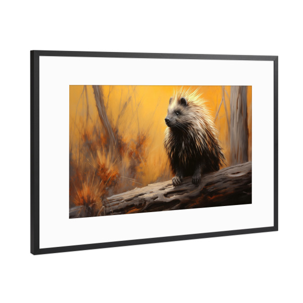 Poster mit Rahmen Schwarz (Metallic) "Stachelschwein auf einem Stamm" artboxONE - Natur,Tiere