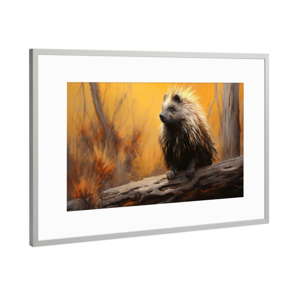 Poster mit Rahmen Silber "Stachelschwein auf einem Stamm" artboxONE - Natur,Tiere