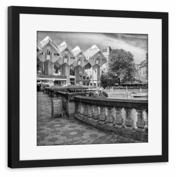 Poster mit Rahmen schwarz "Monochrome Kubushäuser Rotterdam" artboxONE - Städte,Schwarzweiß,Architektur