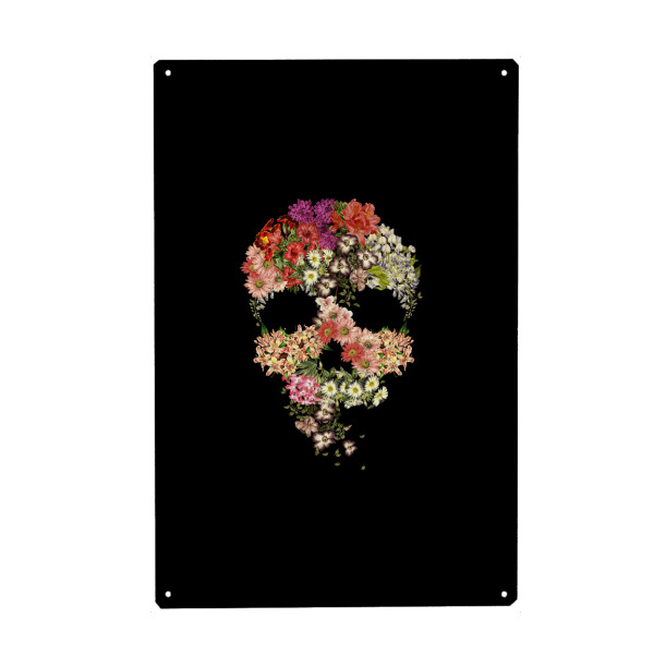 Holzbild "Totenkopf-Blumenverfall" artboxONE - Floral - Totenkopf,Blumen,Blumen,Botanische,Tod,Halloween,Blumenschädel,Blühen,Tobe fonseca