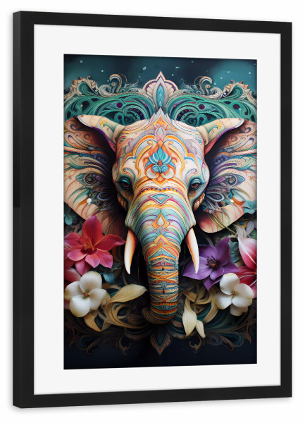 Poster mit Rahmen schwarz "Mandala floraler Elefant" artboxONE - Natur,Tiere,Abstrakt