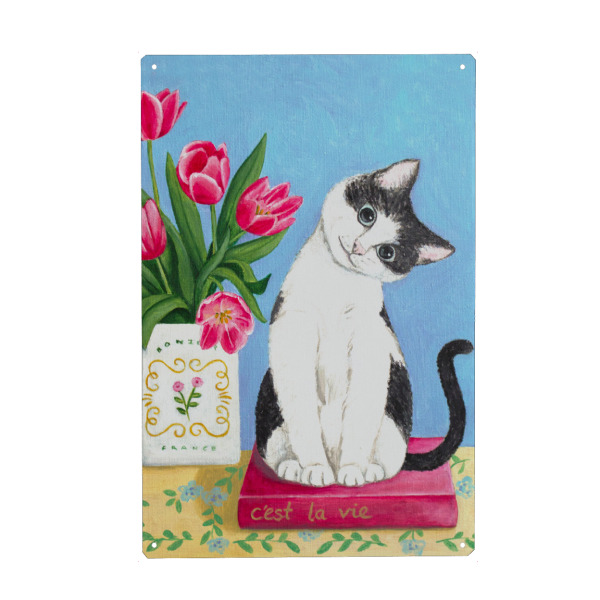 Holzbild "Katze auf einem Buch mit Tulpen" artboxONE - Floral,Tiere