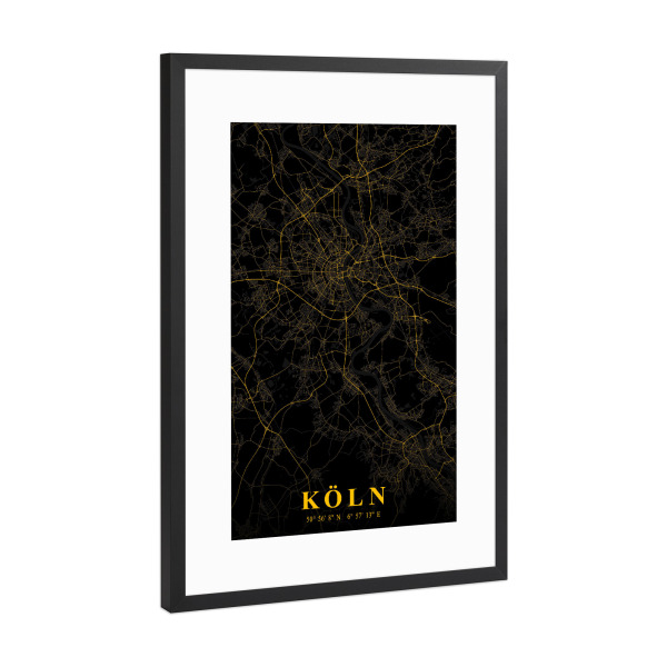 Poster mit Rahmen Schwarz (Metallic) "Kölner Stadt" artboxONE - Städte / Köln,Kartografie