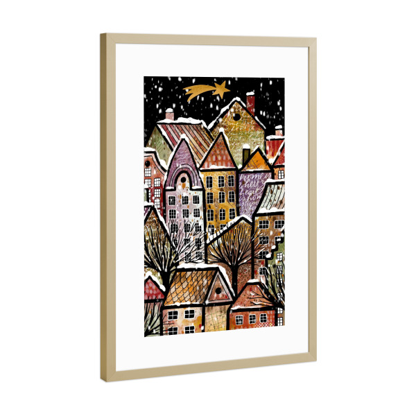 Poster mit Rahmen Gold "Winterstadt mit Schnee" artboxONE - Weihnachten - Advent,Adventskalender,Weihnachten,Winter