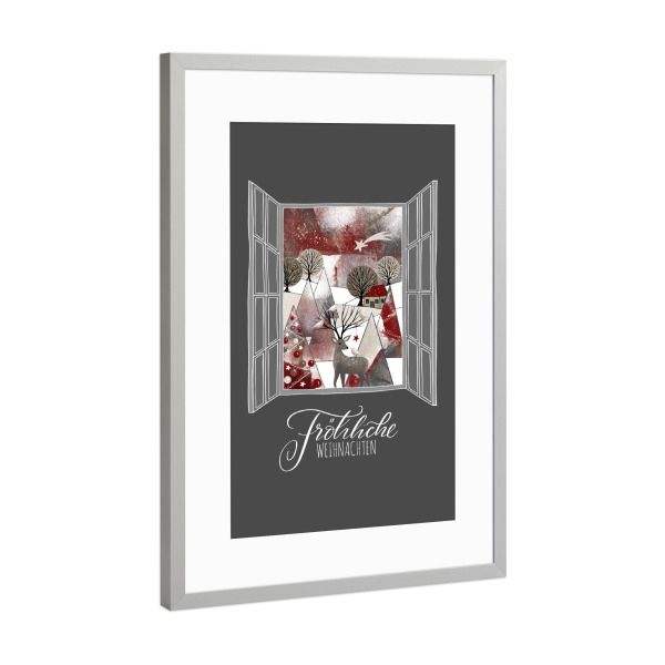 Poster mit Rahmen Silber "„Weihnachtsfenster Hirsch“" artboxONE - Weihnachten