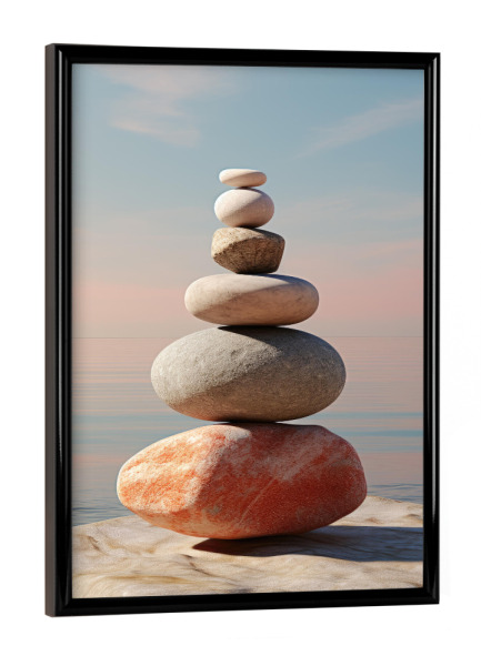 Poster mit schwarzem Rahmen "Strand Steinmännchen" artboxONE - Natur,Reise / Strand und Meer