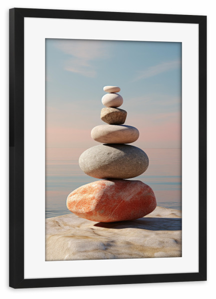 Poster mit Rahmen schwarz "Strand Steinmännchen" artboxONE - Natur,Reise / Strand und Meer