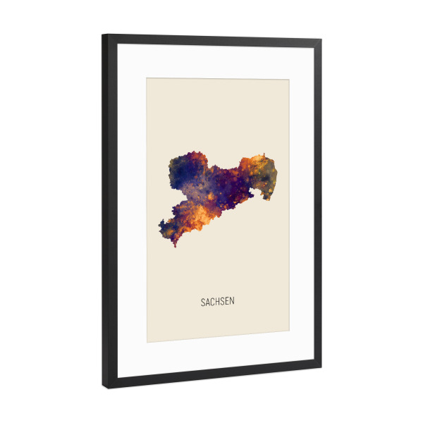 Poster mit Rahmen Schwarz (Metallic) "Sachsen Landeskarte Beige" artboxONE - Kartografie - Sachsen,Karte,Aquarell,Malerei,Landeskarte,Deutschland