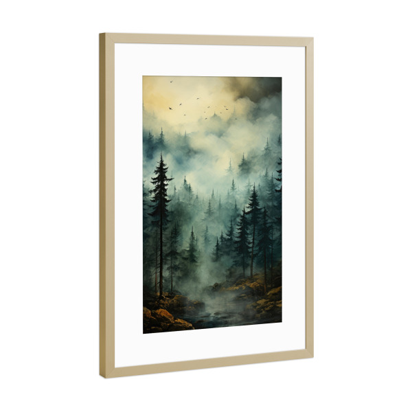 Poster mit Rahmen Gold "Der Bergwald" artboxONE - Natur - Nebelwald,Nebligen waldes,Bergbach,Nebel,Wald berge,Wald,Vögel,Wald im nebel,Bergwald