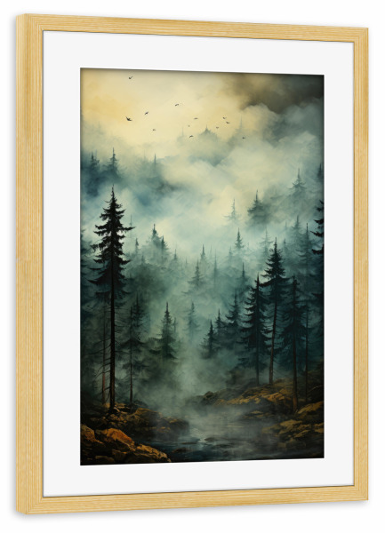 Poster mit Rahmen kiefer "Der Bergwald" artboxONE - Natur - Nebelwald,Nebligen waldes,Bergbach,Nebel,Wald berge,Wald,Vögel,Wald im nebel,Bergwald