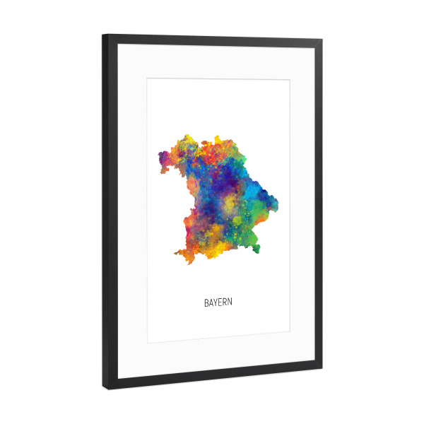 Poster mit Rahmen Schwarz (Metallic) "Bayern-Aquarell-Staatskarte" artboxONE - Kartografie - Bayern,Karte,Aquarell,Malerei,Deutschland,Landeskarte