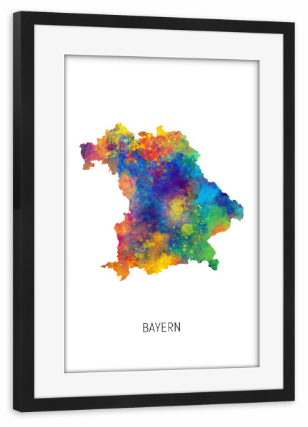 Poster mit Rahmen schwarz "Bayern-Aquarell-Staatskarte" artboxONE - Kartografie - Bayern,Karte,Aquarell,Malerei,Deutschland,Landeskarte