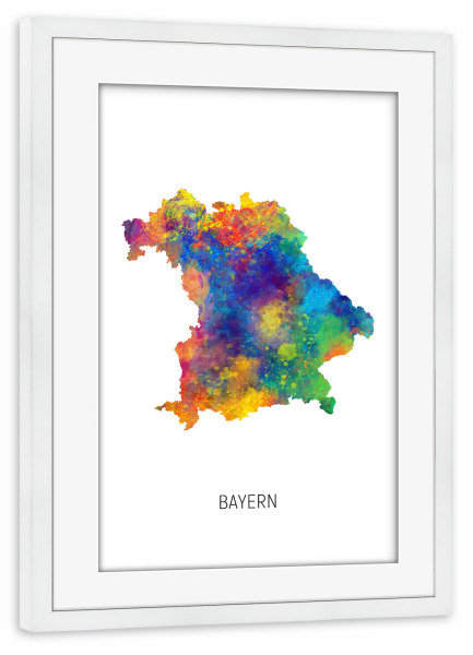 Poster mit Rahmen weiß "Bayern-Aquarell-Staatskarte" artboxONE - Kartografie - Bayern,Karte,Aquarell,Malerei,Deutschland,Landeskarte