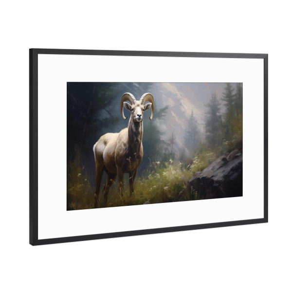 Poster mit Rahmen Schwarz (Metallic) "Großer Widder im Wald" artboxONE - Natur,Tiere