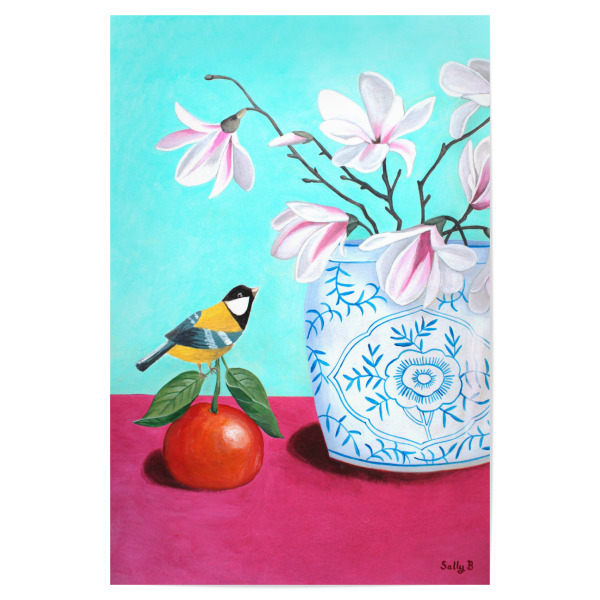 Poster "Vogel mit Magnolie und Orange" artboxONE - Floral,Tiere - Blume,Blumen,Vogel,Mandarine,Orange,Chinoiserie,Chinesisch,Naive kunst