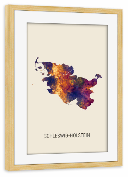Poster mit Rahmen kiefer "Schleswig-Holstein-Karte Beige" artboxONE - Kartografie - Schleswig-holstein,Karte,Aquarell,Malerei,Landkarte,Deutschland