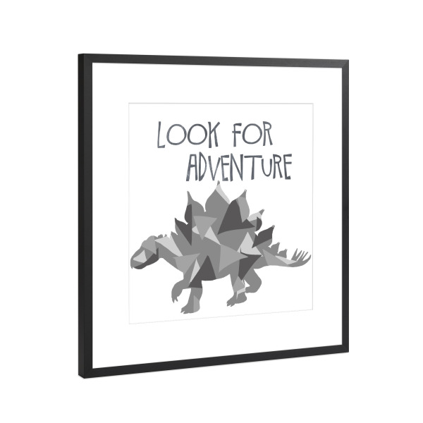 Poster mit Rahmen Schwarz (Metallic) "Suchen Sie nach Abenteuer" artboxONE - Typografie,Für Kinder,Tiere - Stegosaurus,Dino,Dinosaurier,Abenteuer