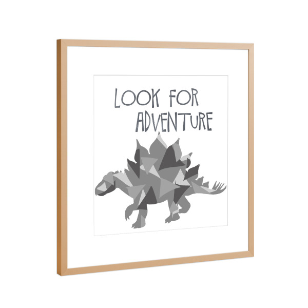 Poster mit Rahmen Kupfer "Suchen Sie nach Abenteuer" artboxONE - Typografie,Für Kinder,Tiere - Stegosaurus,Dino,Dinosaurier,Abenteuer