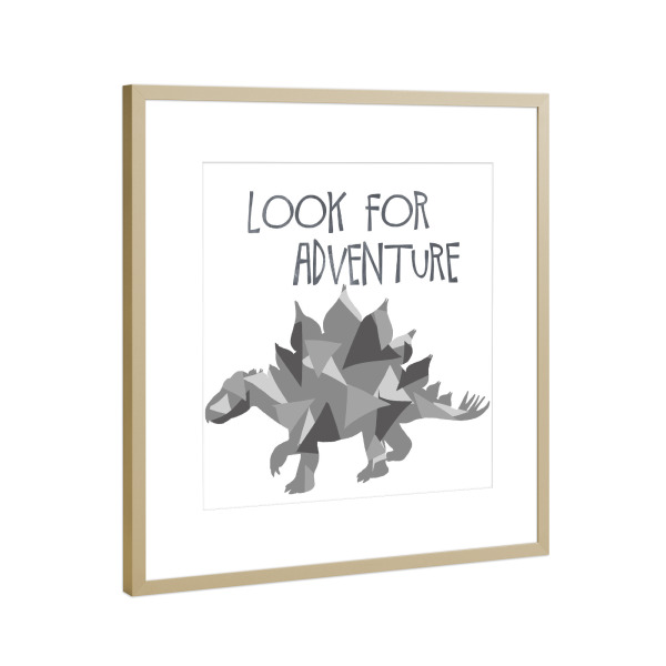 Poster mit Rahmen Gold "Suchen Sie nach Abenteuer" artboxONE - Typografie,Für Kinder,Tiere - Stegosaurus,Dino,Dinosaurier,Abenteuer