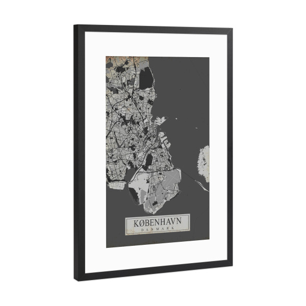 Poster mit Rahmen Schwarz (Metallic) "Vintage København" artboxONE - Schwarzweiß,Städte / København,Kartografie