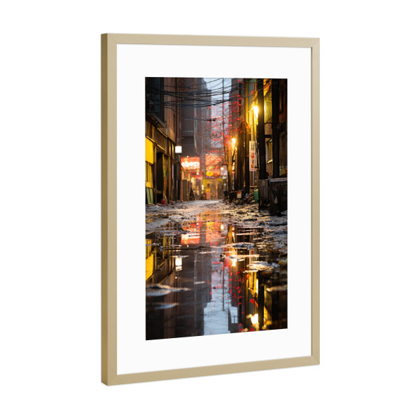 Poster mit Rahmen Gold "Düstere Gasse bei Nacht" artboxONE - Städte,Architektur