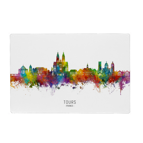 Metall Poster "Touren Frankreich Skyline txt" artboxONE - Städte - Touren,Frankreich,Skyline,Stadtbild,Stadtbild,Aquarell,Malerei - Blechschild