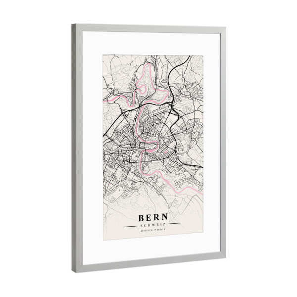 Poster mit Rahmen Silber "City Map von Bern" artboxONE - Städte,Kartografie