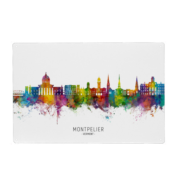Holzbild "Montpelier Vermont Skyline txt" artboxONE - Städte - Montpelier,Vermont,Vereinigte staaten,Skyline,Stadtbild,Stadtbild,Aquarell,Malerei