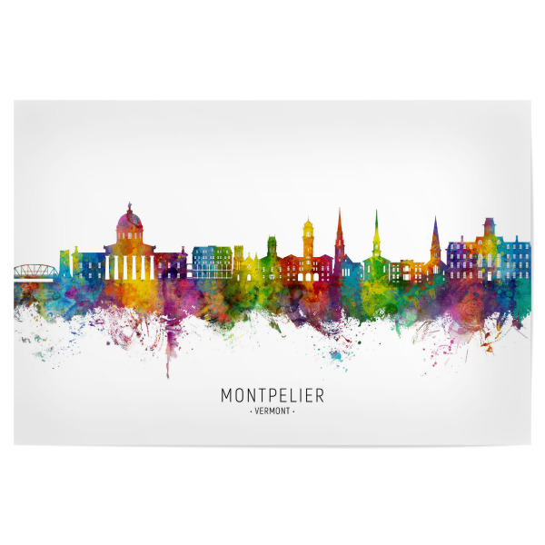 Poster "Montpelier Vermont Skyline txt" artboxONE - Städte - Montpelier,Vermont,Vereinigte staaten,Skyline,Stadtbild,Stadtbild,Aquarell,Malerei
