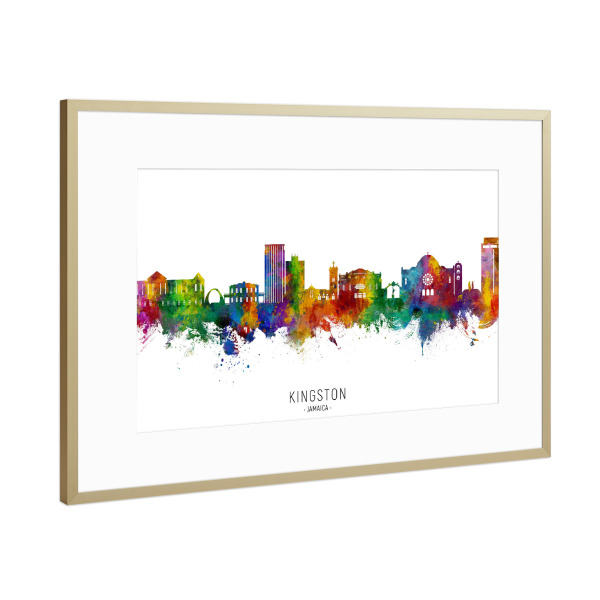 Poster mit Rahmen Gold "Kingston Jamaica Skyline txt" artboxONE - Städte - Kingston,Jamaika,Skyline,Stadtbild,Stadtbild,Aquarell,Malerei