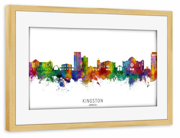 Poster mit Rahmen kiefer "Kingston Jamaica Skyline txt" artboxONE - Städte - Kingston,Jamaika,Skyline,Stadtbild,Stadtbild,Aquarell,Malerei