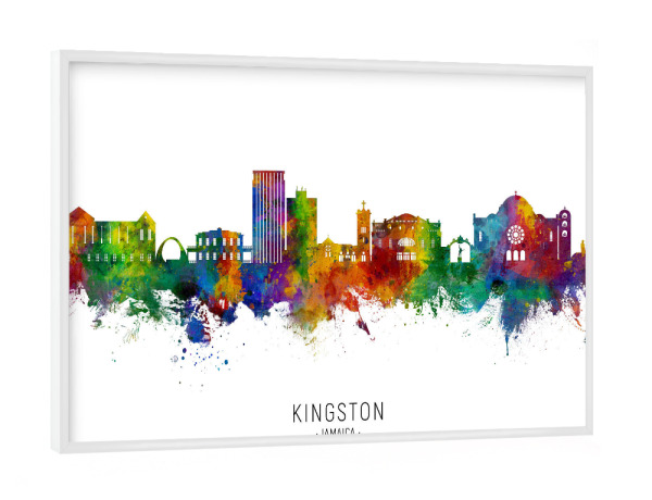 Poster mit weißem Rahmen "Kingston Jamaica Skyline txt" artboxONE - Städte - Kingston,Jamaika,Skyline,Stadtbild,Stadtbild,Aquarell,Malerei