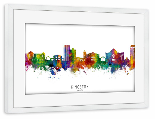 Poster mit Rahmen weiß "Kingston Jamaica Skyline txt" artboxONE - Städte - Kingston,Jamaika,Skyline,Stadtbild,Stadtbild,Aquarell,Malerei