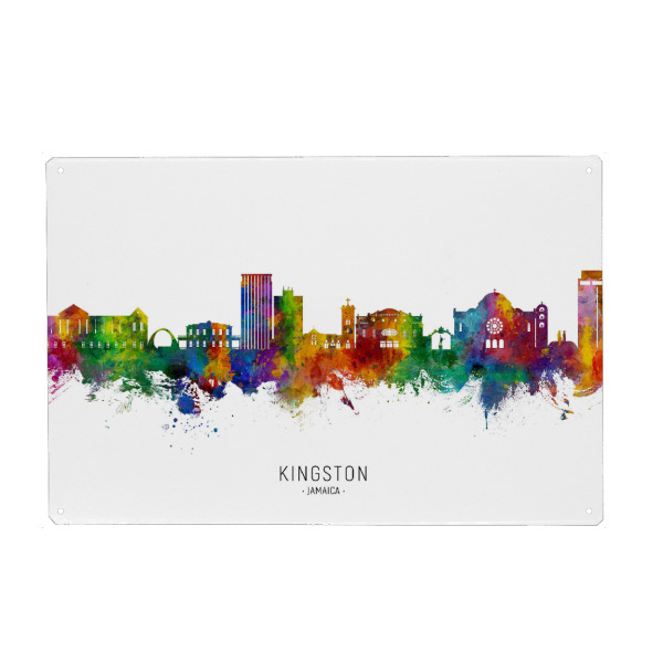 Holzbild "Kingston Jamaica Skyline txt" artboxONE - Städte - Kingston,Jamaika,Skyline,Stadtbild,Stadtbild,Aquarell,Malerei