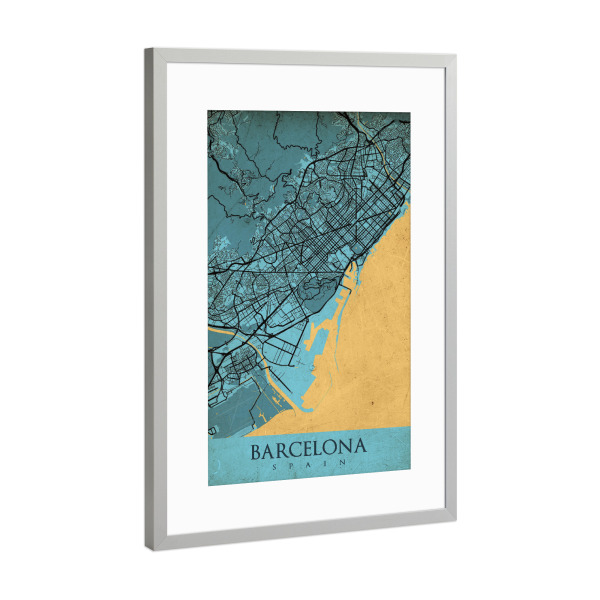 Poster mit Rahmen Silber "Barcelona Vintage Map" artboxONE - Städte / Barcelona,Kartografie