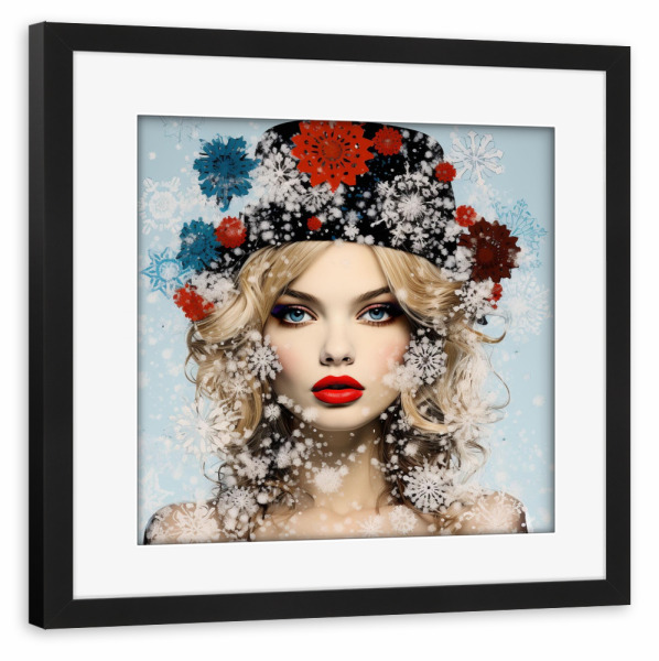 Poster mit Rahmen schwarz "SCHNEEFLOCKEN" artboxONE - Natur,Menschen,Weihnachten - Schneeflocken,Frau,Weiß,Rot,Hütte,Mode,Winter