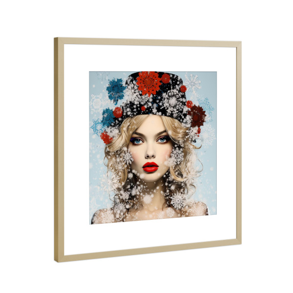 Poster mit Rahmen Gold "SCHNEEFLOCKEN" artboxONE - Natur,Menschen,Weihnachten - Schneeflocken,Frau,Weiß,Rot,Hütte,Mode,Winter