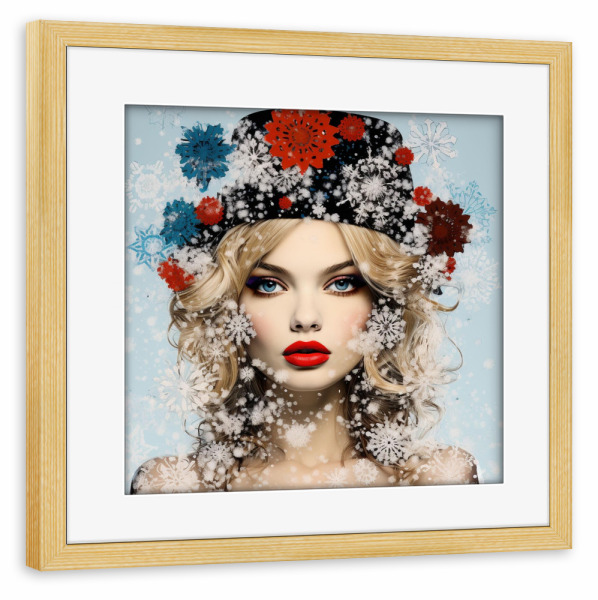 Poster mit Rahmen kiefer "SCHNEEFLOCKEN" artboxONE - Natur,Menschen,Weihnachten - Schneeflocken,Frau,Weiß,Rot,Hütte,Mode,Winter