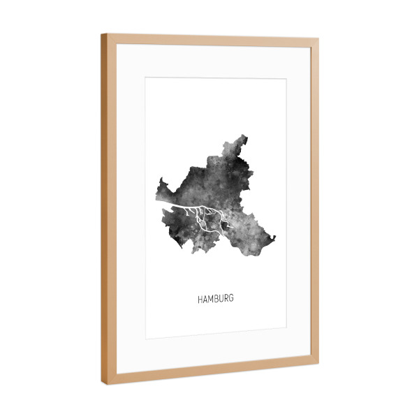 Poster mit Rahmen Kupfer "Hamburger Stadt-Landkarte BW" artboxONE - Schwarzweiß,Kartografie - Hamburg,Karte,Aquarell,Malerei,Stadtstaat,Deutschland