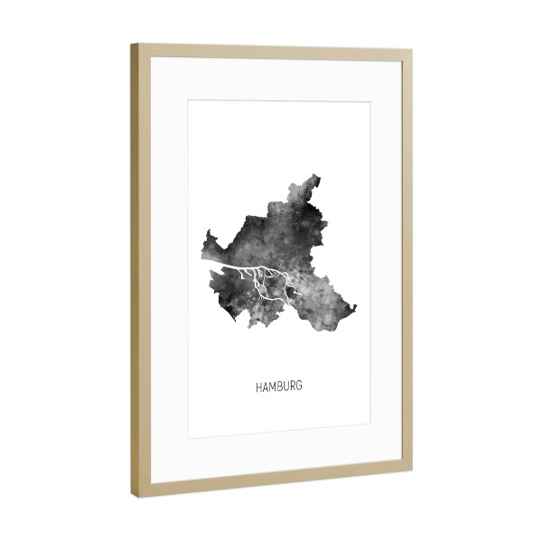 Poster mit Rahmen Gold "Hamburger Stadt-Landkarte BW" artboxONE - Schwarzweiß,Kartografie - Hamburg,Karte,Aquarell,Malerei,Stadtstaat,Deutschland