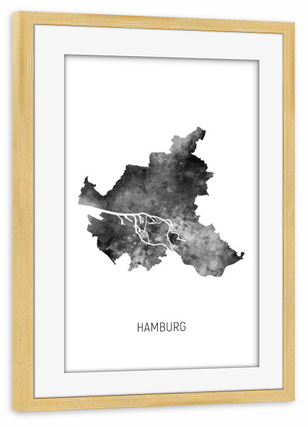 Poster mit Rahmen kiefer "Hamburger Stadt-Landkarte BW" artboxONE - Schwarzweiß,Kartografie - Hamburg,Karte,Aquarell,Malerei,Stadtstaat,Deutschland