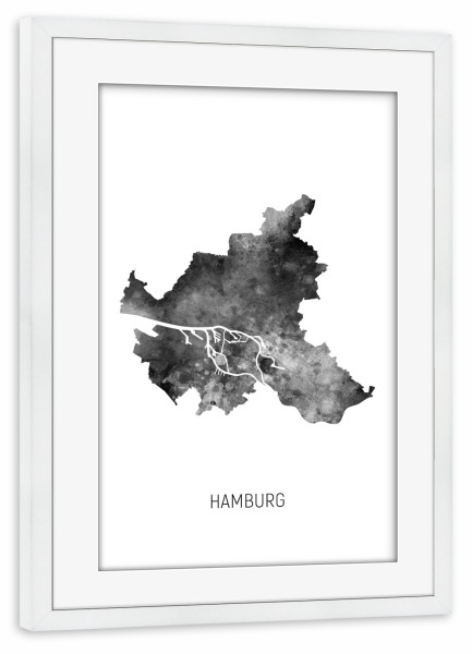 Poster mit Rahmen weiß "Hamburger Stadt-Landkarte BW" artboxONE - Schwarzweiß,Kartografie - Hamburg,Karte,Aquarell,Malerei,Stadtstaat,Deutschland